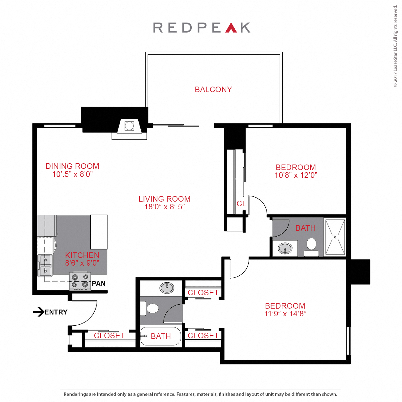 Floor plan for 2 beds, 2 baths, 975 sqft